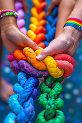 iverse hands grip rainbow-colored rope, symbolizing unity and pride.
