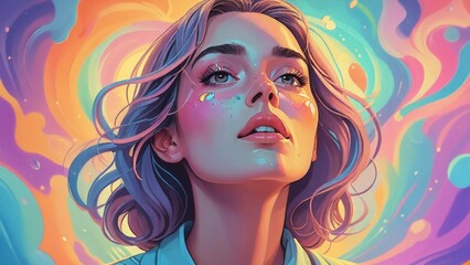 Vibrant, dreamy portrait of a woman with colorful abstract background, radiating a sense of wonder and imagination.