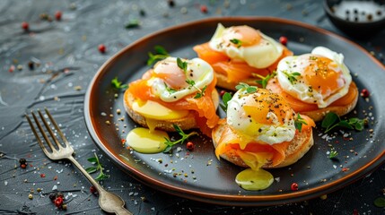 Smoked salmon eggs Benedict with poached eggs and herbs on a plate. Gourmet food and breakfast concept