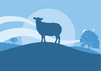rural landscape with sheep, sheep on the hill, wool - banner, background - vector illustration