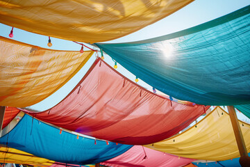 Colorful fabric canopies with hanging lights, concept of vibrant outdoor decoration and summer festivities