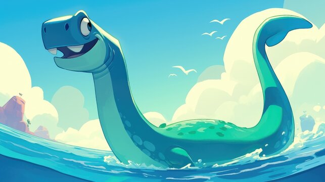 Animated cartoon featuring a playful plesiosaurus