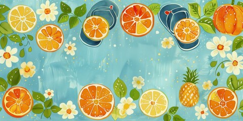 A vibrant and cheerful summer-themed illustration featuring a colorful pattern of citrus fruits, pineapples, daisies, and green leaves on a bright turquoise background.