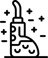 Line art icon depicting a laboratory flask with a bubbling liquid and effervescence