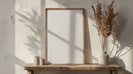 Empty wooden frame on a beige wall with pampas grass in a vase in sunlight. Minimalist decor photography for design and print