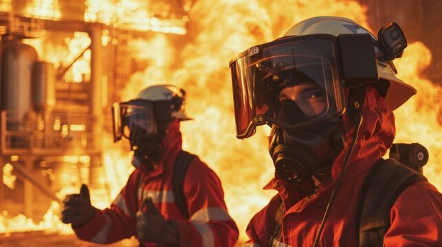 Firefighters use VR headsets to simulate a major industrial explosion training for hazardous material response and containment procedures.