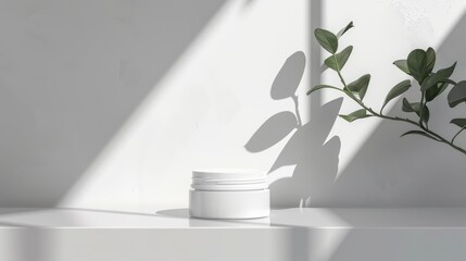 White cosmetic jar with green leaves and shadows on a white background. Minimalistic photography of skincare products