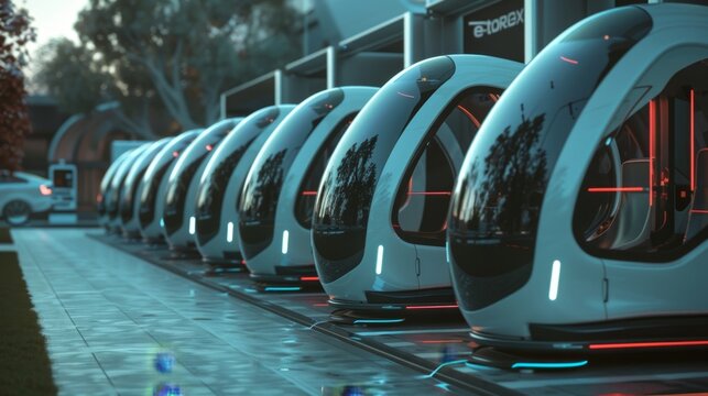 A family of eVTOLs parked at the charging station representing the potential for this technology to revolutionize personal transportation.