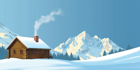 Abode by the Mountain: A quaint log cabin with a crackling fire, nestled amidst snow-capped peaks and emitting warm smoke from its chimney
