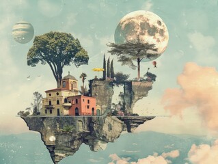 An imaginative collage art piece using elements of surrealism, such as floating objects and dreamlike landscapes, to create a captivating visual narrative.