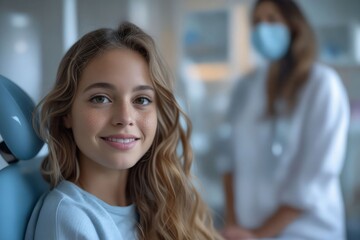 Obraz premium A young girl sitting in a dental chair.