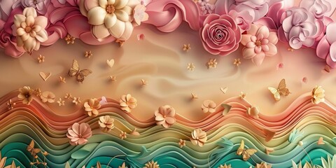 Vibrant Painting of Flowers and Butterflies on Wall. Generative AI
