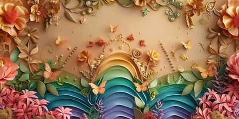 Vibrant Painting of Flowers and Butterflies on Wall. Generative AI