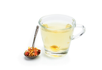 Glass cup with citrus tea isolated on white