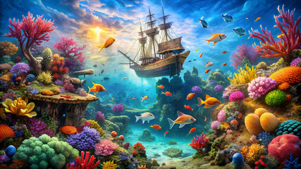 Underwater scene featuring vibrant coral reefs, colorful fish, and a sunken pirate ship teeming with marine life