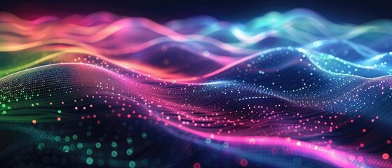 Fototapeta premium Colorful digital landscape with glowing particles and waves.