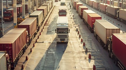 Fototapeta premium Row of parked trucks in warehouse.