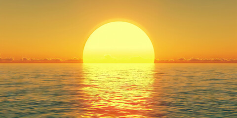 A bright yellow sun peeks over a calm ocean horizon