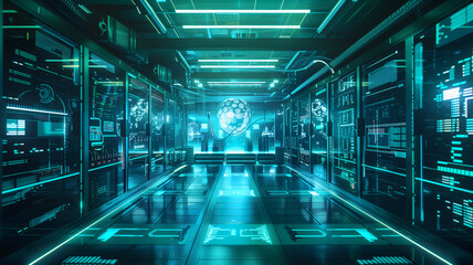 Fototapeta premium Advanced data center with digital interfaces and server racks