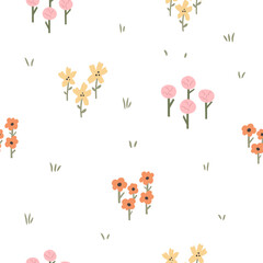 Seamless pattern with hand drawn colorful flowers on white background.