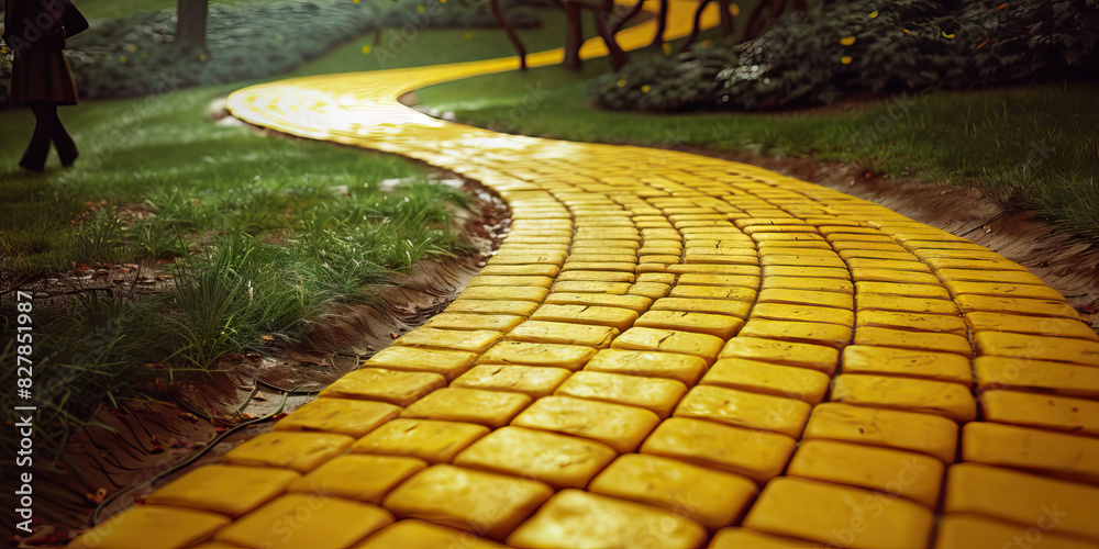 Wall mural Yellow Brick Road - A traveler walks down a winding path, the iconic yellow brick road stretching out before them, their mind full of wonder and anticipation of what lies ahead