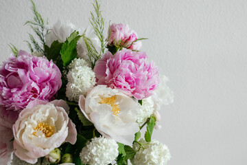 Beautiful pink flowers bouquet background. Blooming peony close-up with water drops, morning dew. Wedding backdrop, Valentine's Day concept. Blossom, flower