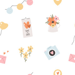 Seamless pattern with hand drawn colorful elements, icons for wedding celebration
