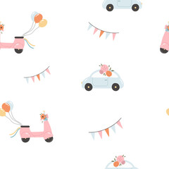 Seamless pattern with retro cars, garlands and scooters on white background