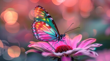 A colorful butterfly perched atop a pink flower its wings od wide. - Powered by Adobe