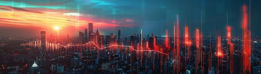 Urban economic narrative highlighted by glowing investment and growth charts against a city at dusk, reflecting financial optimism