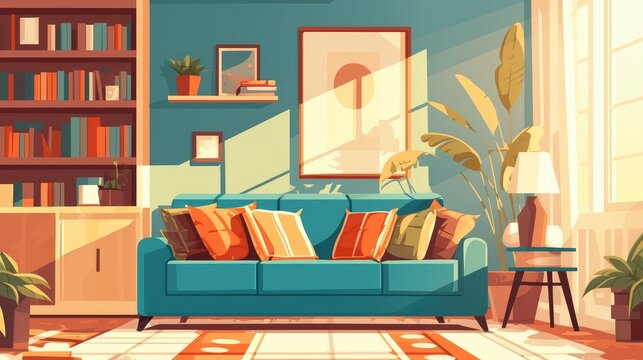 A cozy living space complete with a comfortable sofa a stylish bookcase and a captivating picture adorning the walls is beautifully depicted in this flat style 2d illustration of a living r