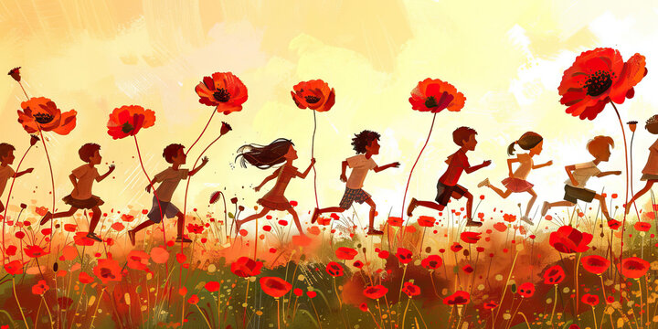 A majestic red poppy field stretches as far as the eye can see, vivid red petals swaying in the gentle breeze. A lively group of children frolic amidst the flowers, their joyful laughter