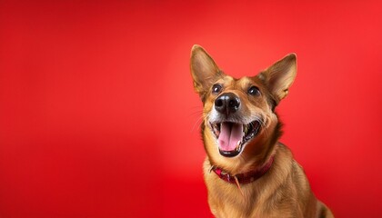 A wagging tail, bright eyes, and a big smile indicate a black dog is happy on red background 