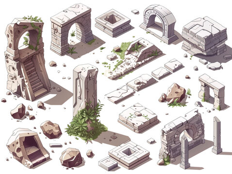 Various Game Assets of Ancient Stone Ruins With different architectural fragments such as arches, pillars, and steps.