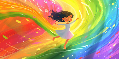 Radiant Rainbow - A young girl skips down a vibrant rainbow, her face lit up with joy and excitement