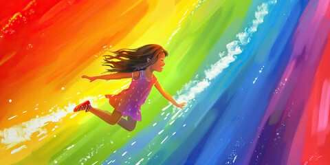 Radiant Rainbow - A young girl skips down a vibrant rainbow, her face lit up with joy and excitement