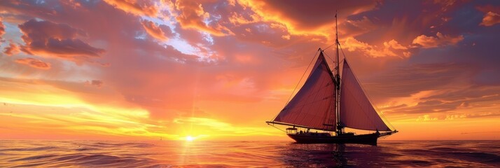 Sailboat silhouette against colorful sunset with billowing sails in the ocean