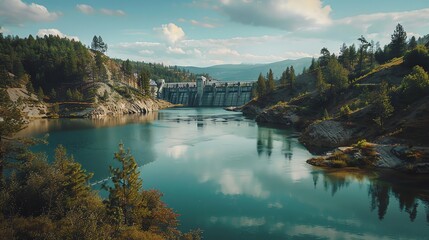 Obraz premium Golden hour at the dam: a serene flow of water under the setting sun. 