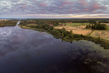 Aerial View of Countryside River and Farmlands