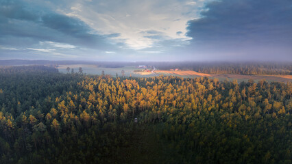 Aerial View of Forest and Farmland at Sunset