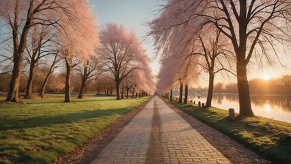 Fototapeta premium Serene pathway lined with blooming cherry blossom trees at sunrise, reflecting in the tranquil waters of a nearby river.