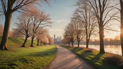 A beautiful spring morning in a city park, with cherry blossom trees lining a riverside pathway leading towards a distant skyline.