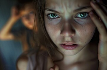 Stunning high resolution photos of a young woman with green scared eyes touching her temple with her hands, in the background of the frame her 13 year old son is out of focus, the atmosphere is extrem