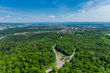 STUTTGART, GERMANY - May 12, 2024: Stuttgart East-South cityscape view. Short taken from the SWR Fernsehturm Stuttgart.