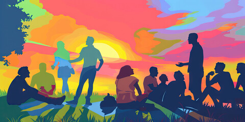 Share the Moment: Friends Gather at Vibrant Sunrise Picnic in a Lively Garden Setting