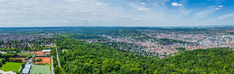 STUTTGART, GERMANY - May 12, 2024: Dynamic urban scenery, capturing the essence of the Stuttgart western skyline. Short taken from the SWR Fernsehturm Stuttgart.