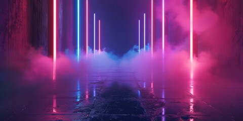 Laser Show, Stage Neon, Retro, Modern Sci Fi, Futuristic Elegant Future, Concrete Corridor, Dark Empty Showcase, Studio Room, Garage, Hallway, Portal, 3D Rendering Illustration. High quality photo