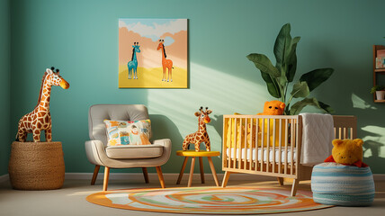 Colorful Nursery Room with Crib, Rocking Chair, and Animal Wall Mural