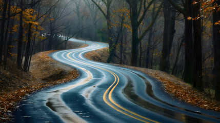 Naklejka premium Wavy curve asphalt road street surrounded by orange autumn or fall season forest trees nature. Rural mountain or countryside transport trip and travel, woods foliage path scene