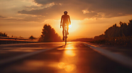 Rear back view silhouette shadow of a cyclist man riding a bike bicycle on asphalt road at orange twilight dusk sunset sky. Summer outdoor sport activity lifestyle, healthy male evening travel